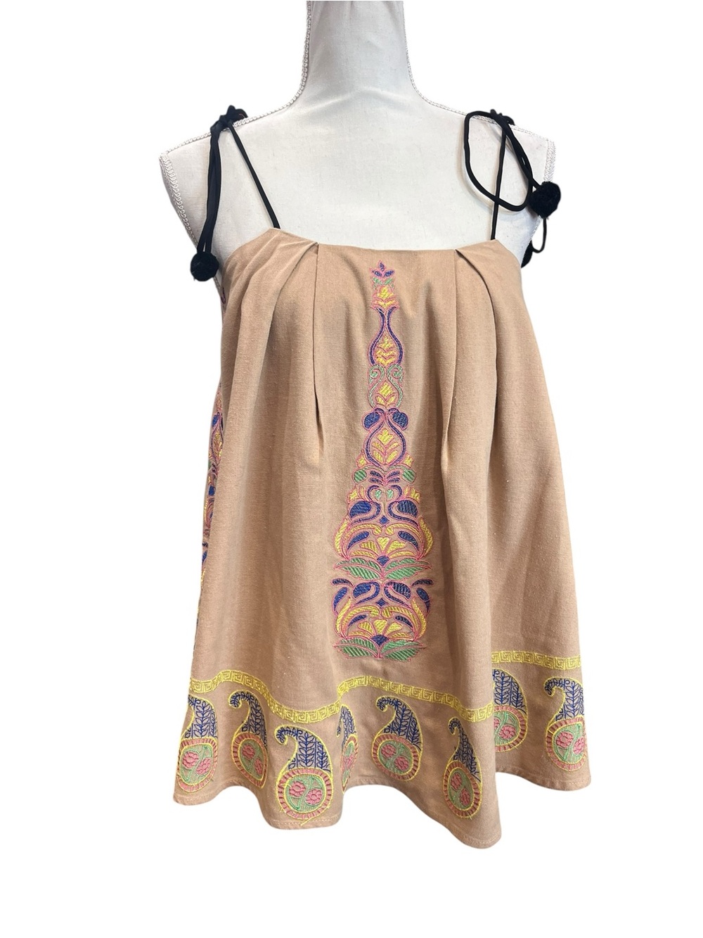 Endless Rose Embroidered Pom Pom Tie Strap Swing Tank Top Boho Festival S - Picture 2 of 10